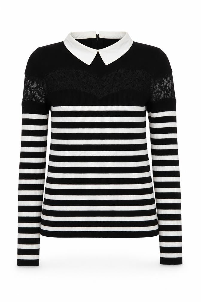 Front view of Morgan Women’s Black Striped Collared Lace Trim Long Sleeve jumper M