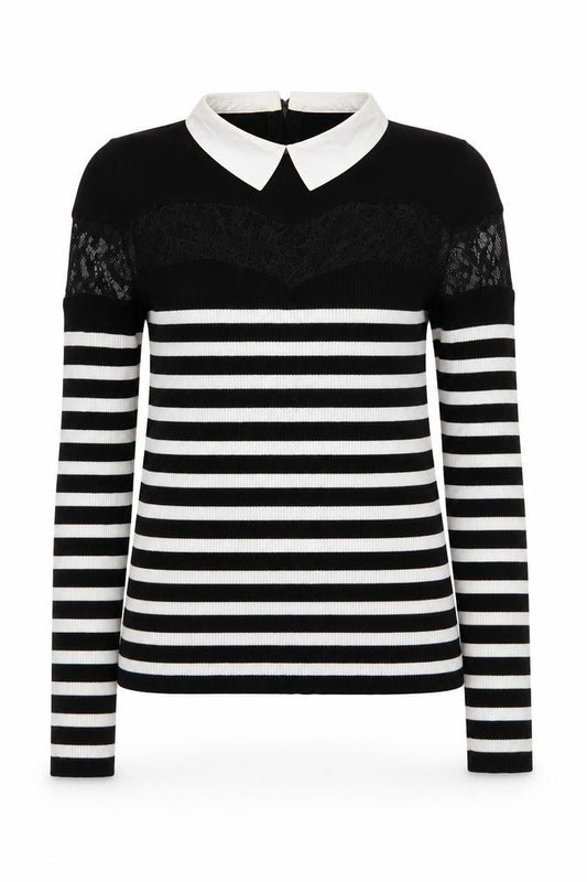 Front view of Morgan Women’s Black Striped Collared Lace Trim Long Sleeve jumper M