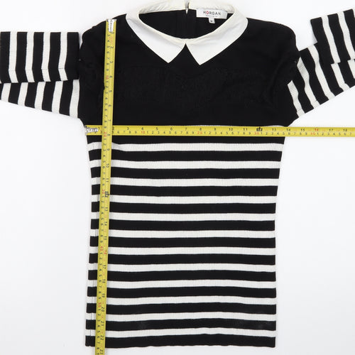 Morgan Women’s Black Striped Collared Lace Trim Long Sleeve Pullover Jumper M