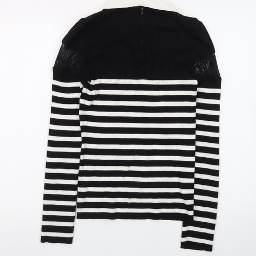 Morgan Women’s Black Striped Collared Lace Trim Long Sleeve Pullover Jumper M