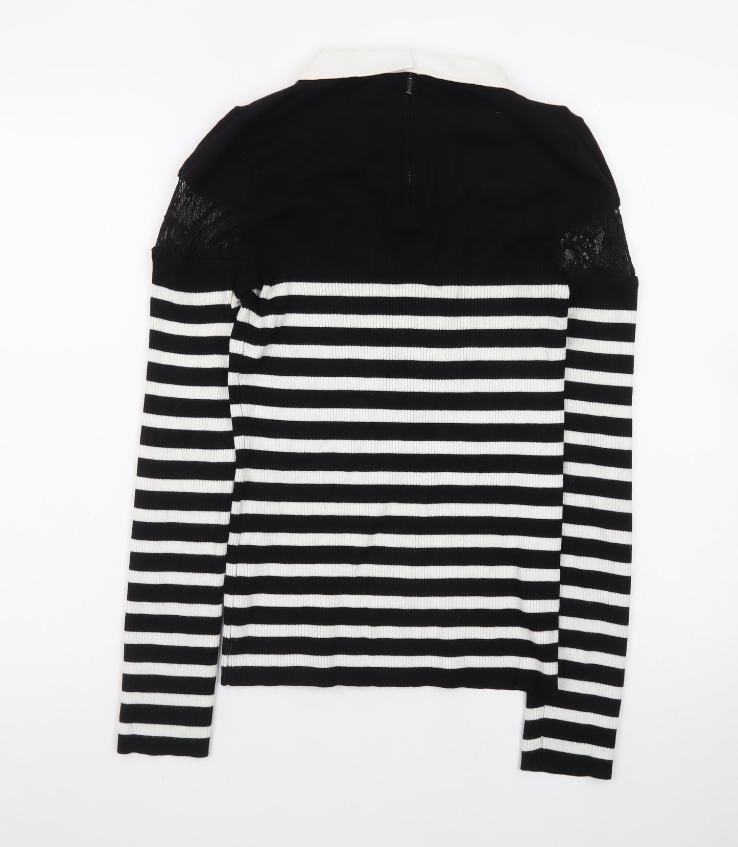 Morgan Women’s Black Striped Collared Lace Trim Long Sleeve Pullover Jumper M