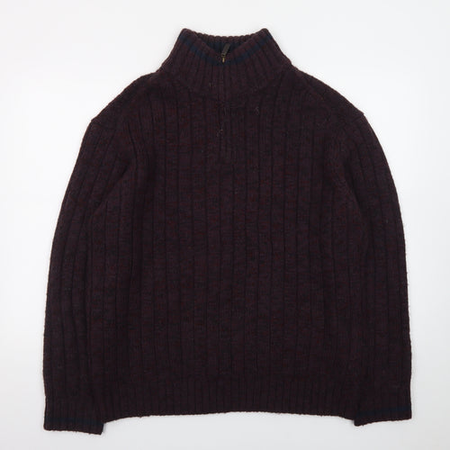 North Coast Men's Brown Wool Ribbed 1/4 Zip High Neck Jumper XL