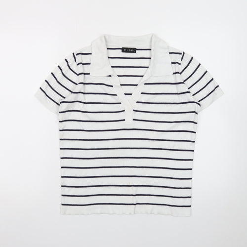 Et Vous Women's White Navy Striped Polo Top Size 10 Short Sleeve