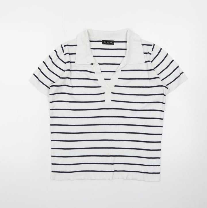 Et Vous Women's White Navy Striped Polo Top Size 10 Short Sleeve