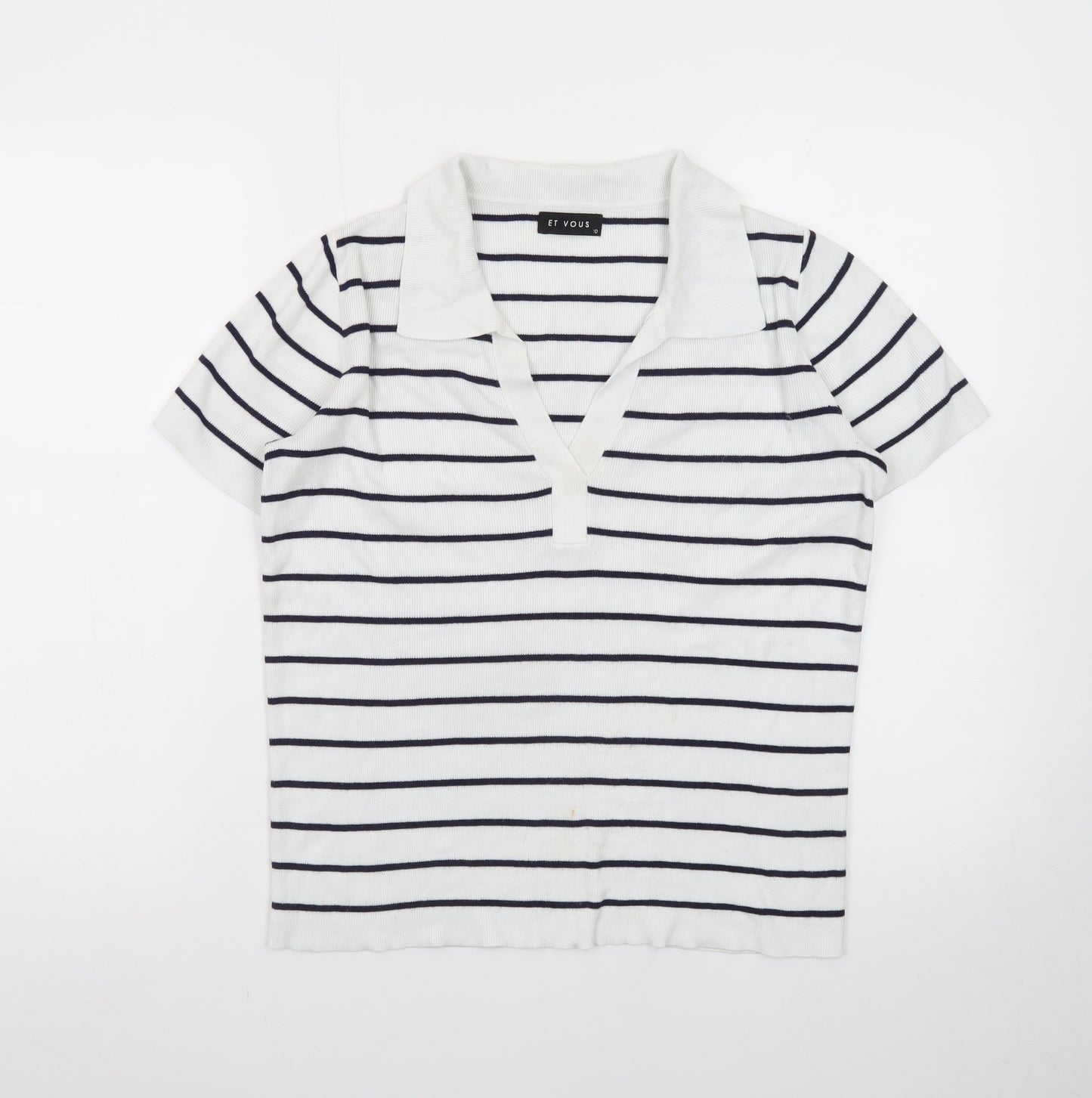 Et Vous Women's White Navy Striped Polo Top Size 10 Short Sleeve