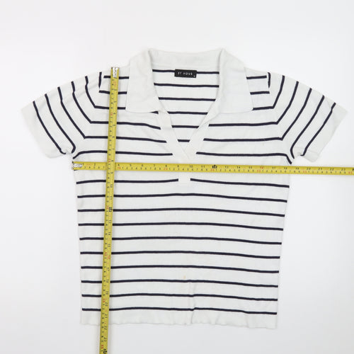Et Vous Women's White Navy Striped Polo Top Size 10 Short Sleeve