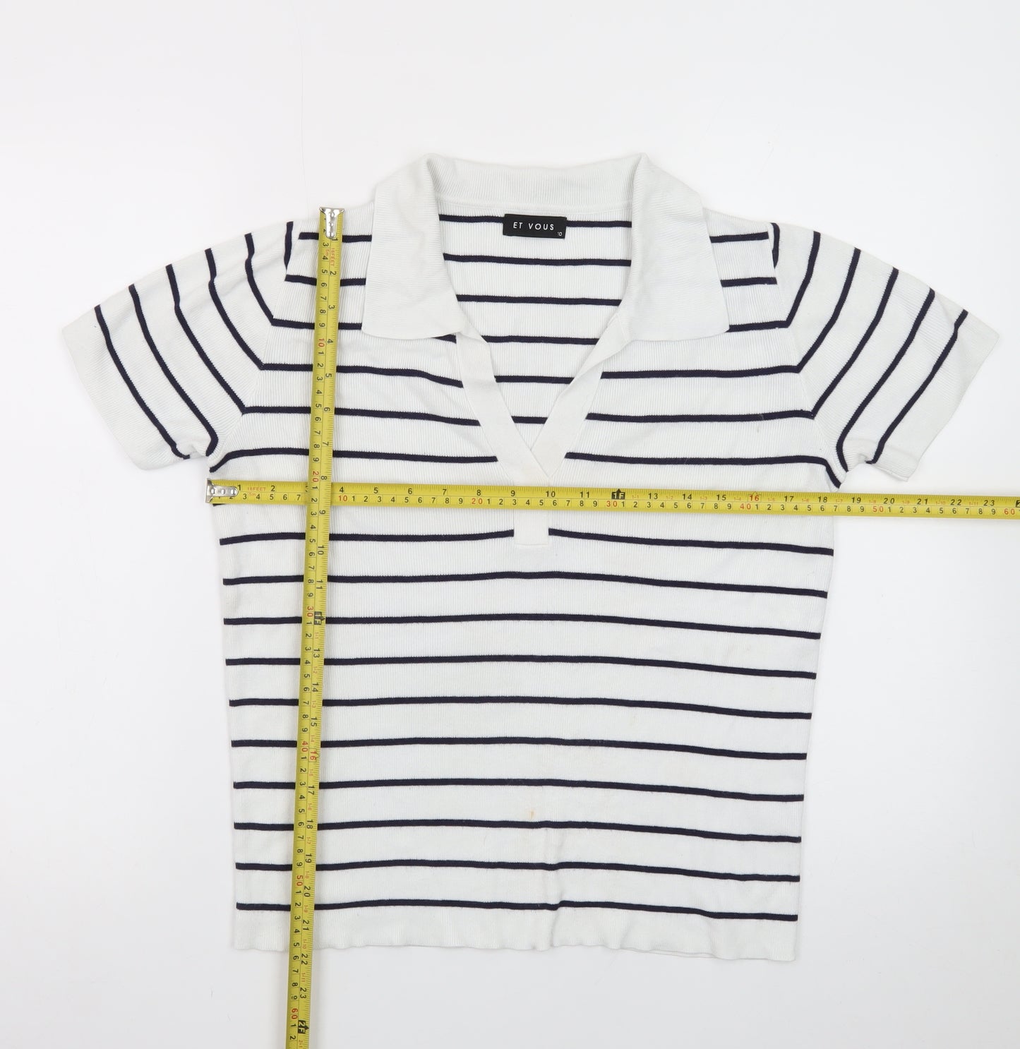 Et Vous Women's White Navy Striped Polo Top Size 10 Short Sleeve