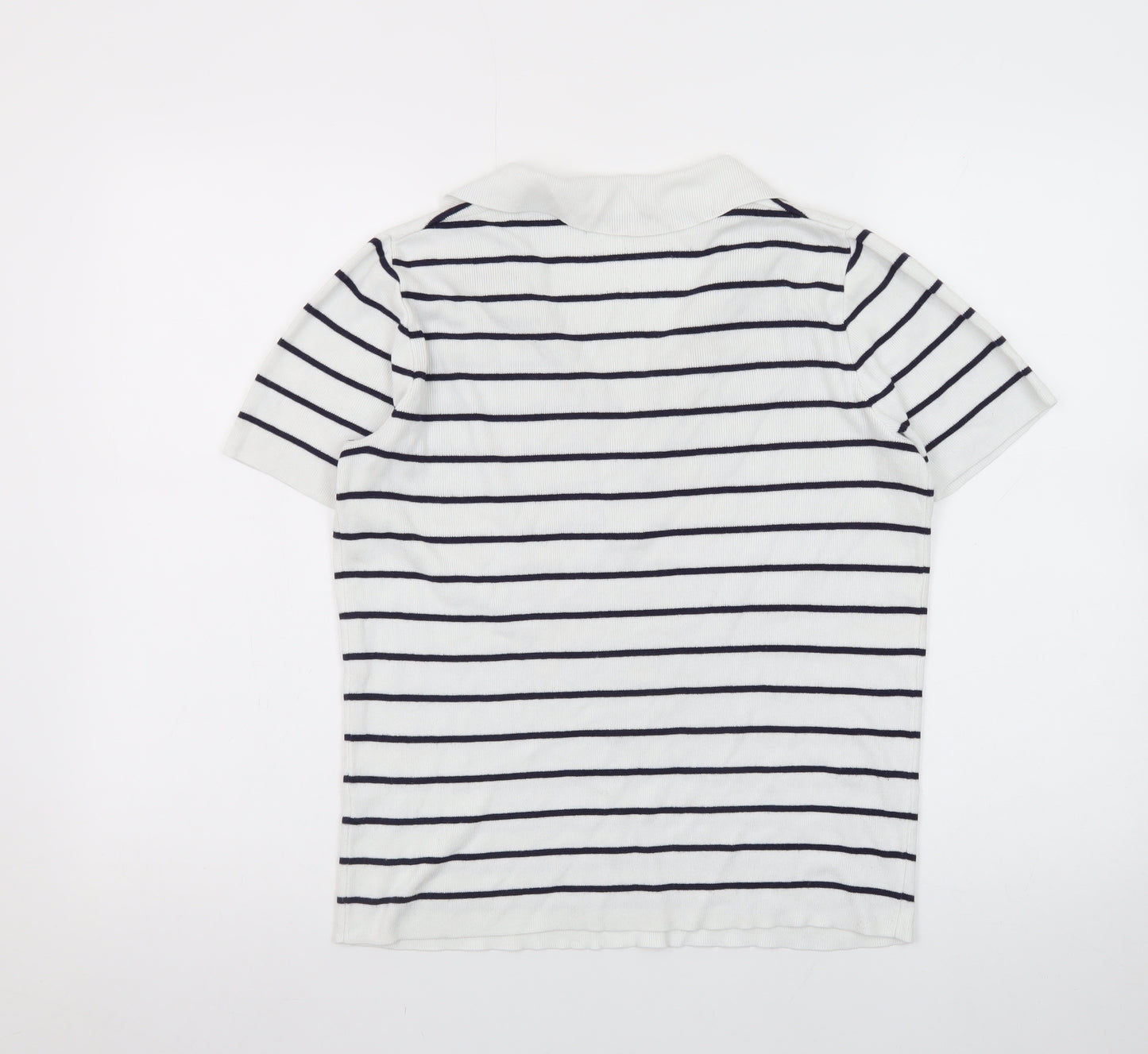 Et Vous Women's White Navy Striped Polo Top Size 10 Short Sleeve