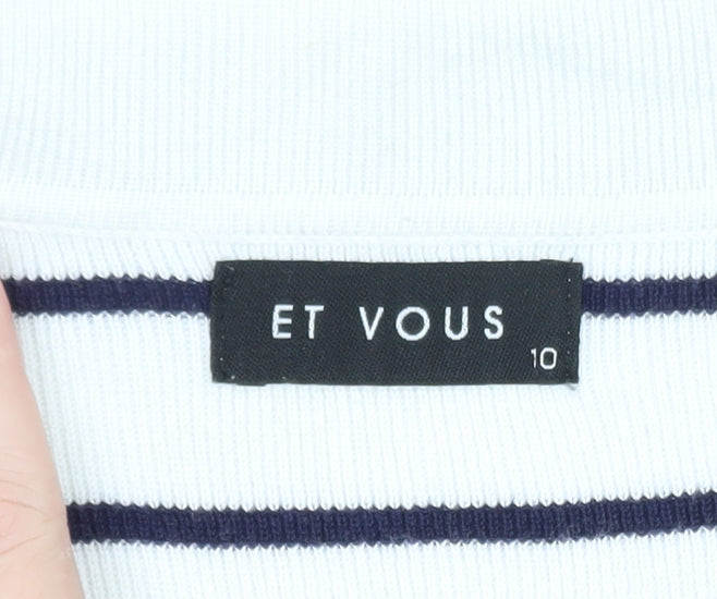 Et Vous Women's White Navy Striped Polo Top Size 10 Short Sleeve