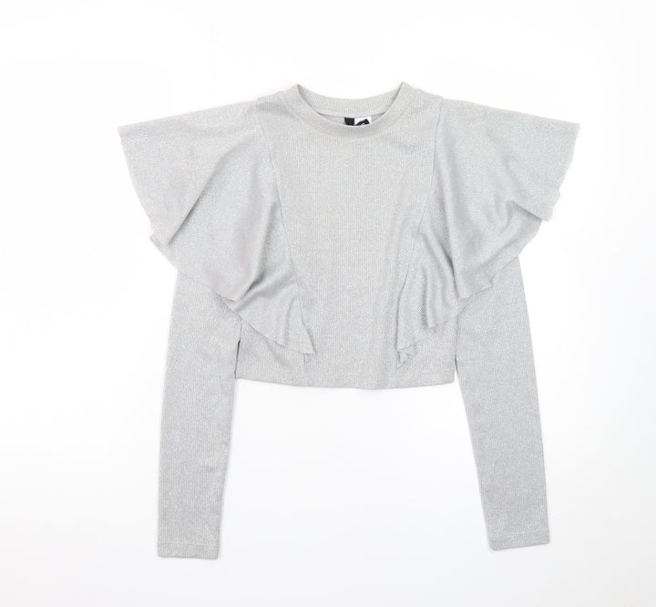 H&M Divided Women’s Silver Glitter Ruffle Jumper XS Long Sleeve