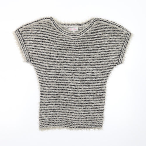 Be Beau Women Grey Striped Short Sleeve Chunky Knit Pullover Jumper Size 10