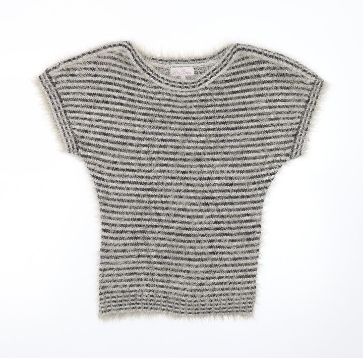 Be Beau Women Grey Striped Short Sleeve Chunky Knit Pullover Jumper Size 10