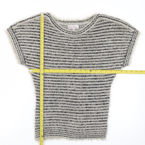 Be Beau Women Grey Striped Short Sleeve Chunky Knit Pullover Jumper Size 10