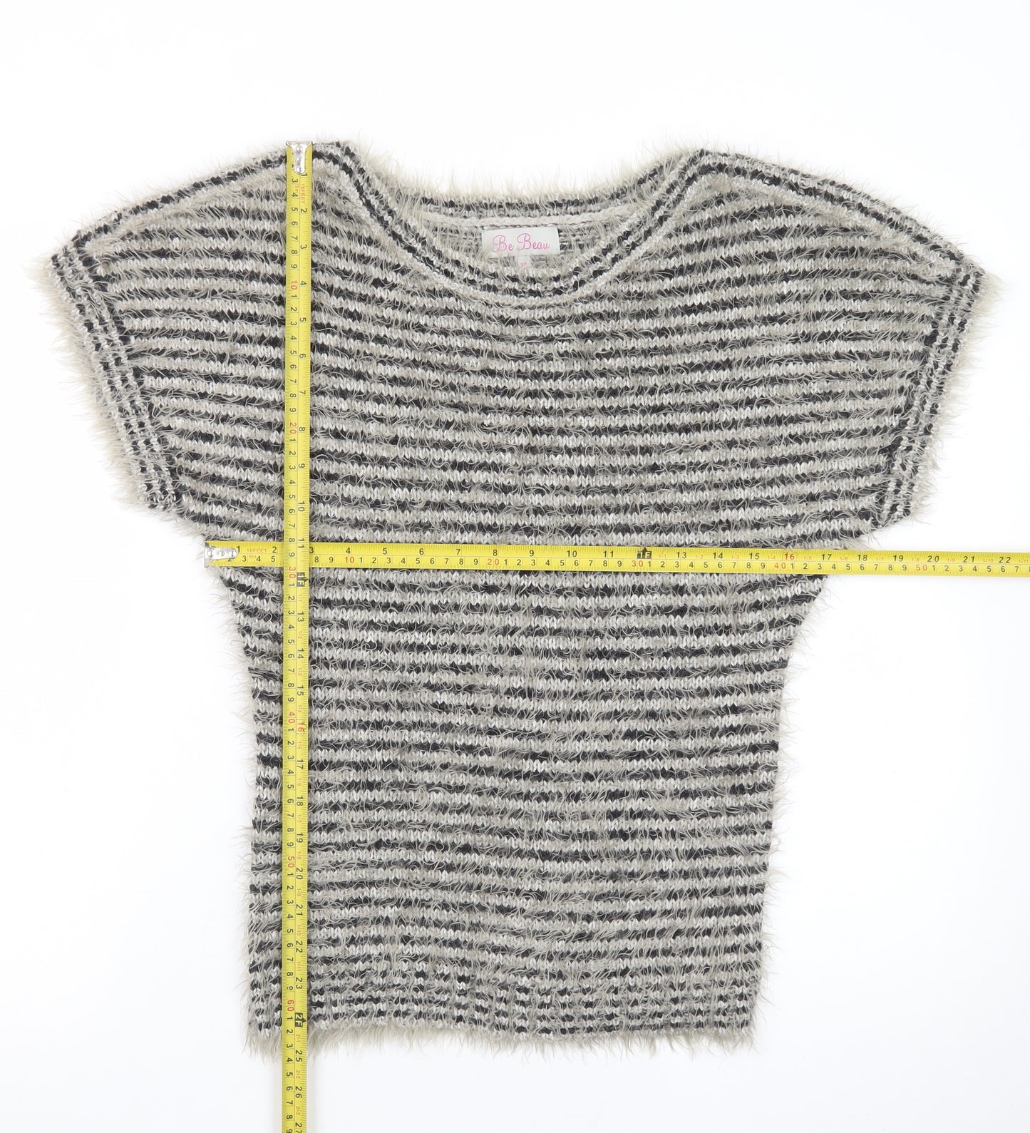 Be Beau Women Grey Striped Short Sleeve Chunky Knit Pullover Jumper Size 10