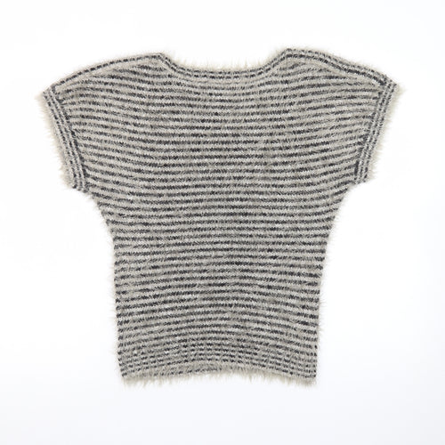 Be Beau Women Grey Striped Short Sleeve Chunky Knit Pullover Jumper Size 10