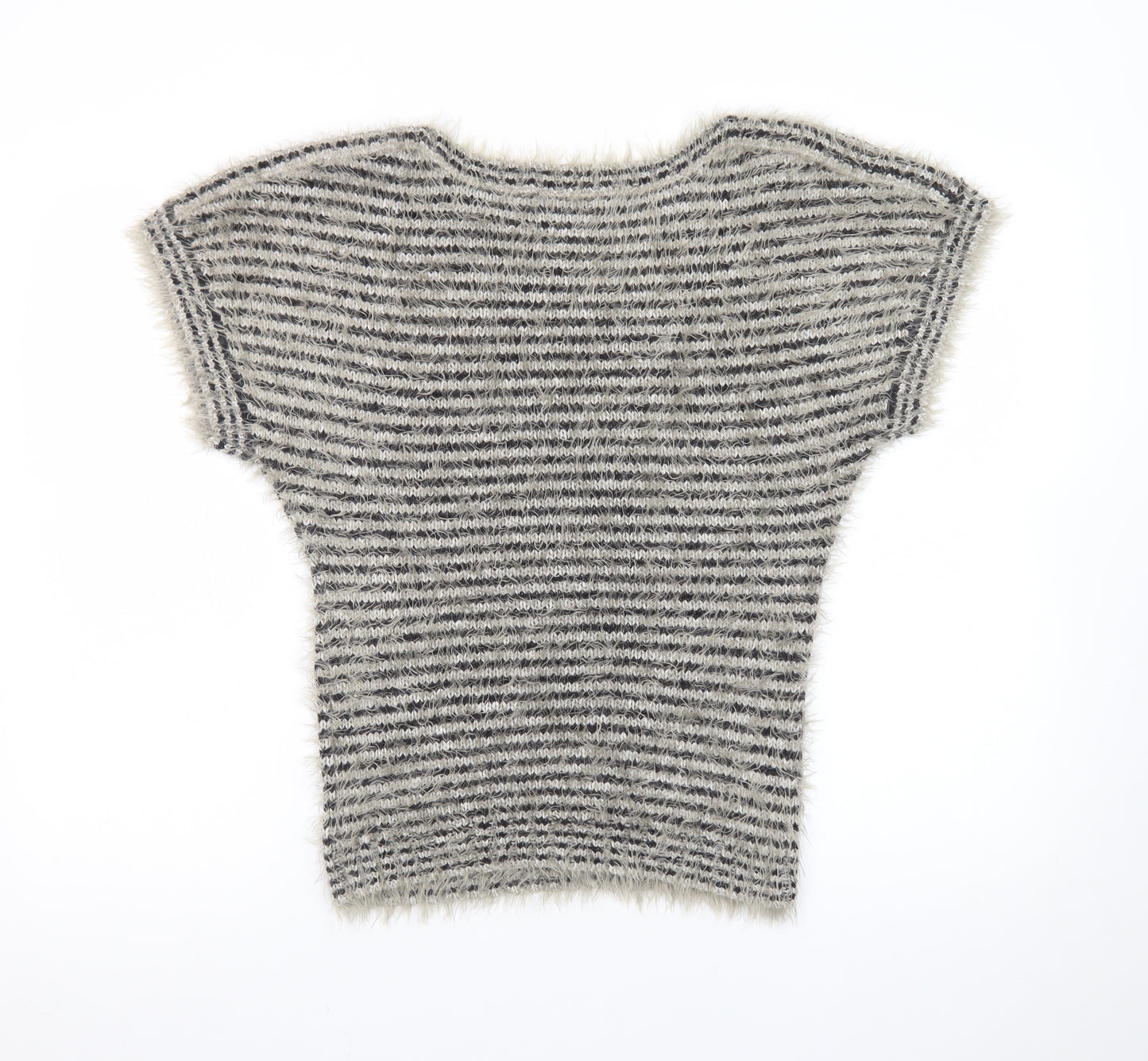Be Beau Women Grey Striped Short Sleeve Chunky Knit Pullover Jumper Size 10