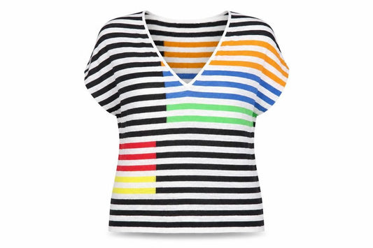 Front view of Next Women’s Multicoloured Striped V-Neck Knit T-Shirt, size UK 12