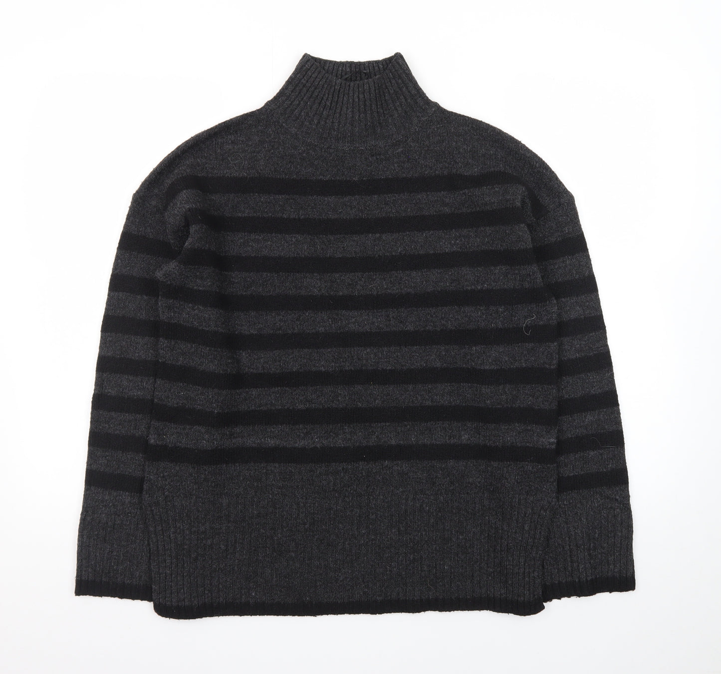 New Look Women's Grey Stripe Roll Neck Jumper Size M