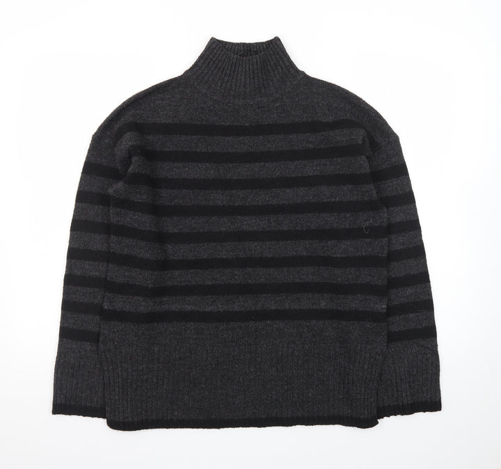 New Look Women's Grey Stripe Roll Neck Jumper Size M