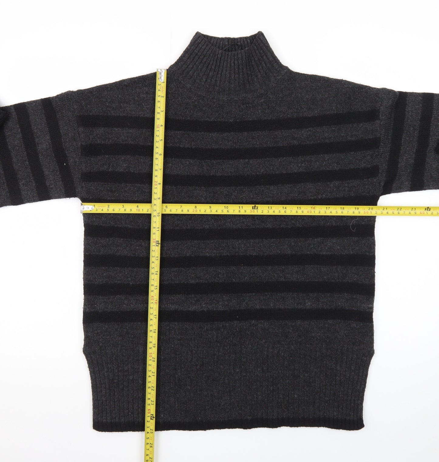 New Look Women's Grey Stripe Roll Neck Jumper Size M