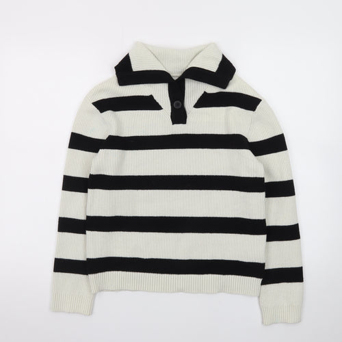 Zara Teens Black White Striped Collared Henley Knit Jumper XS