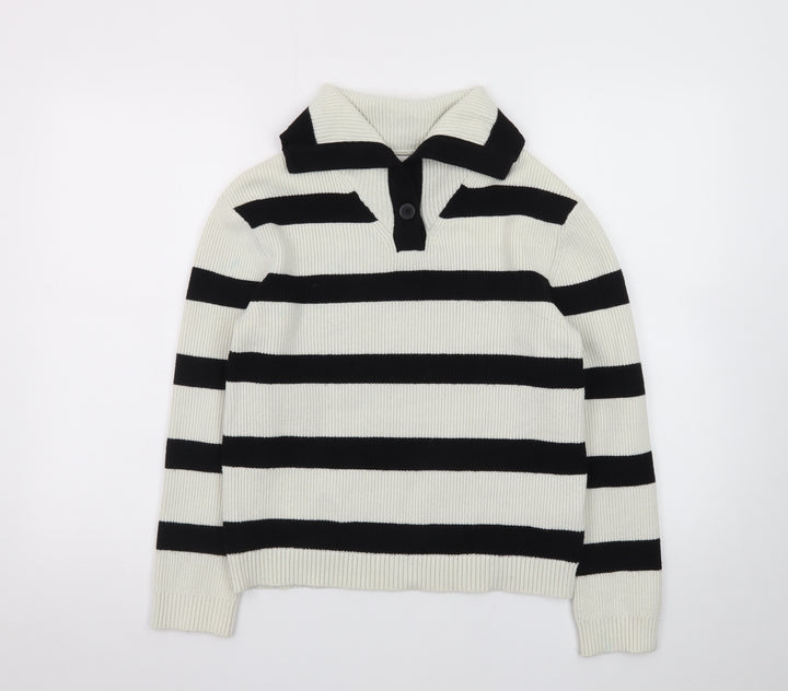 Zara Teens Black White Striped Collared Henley Knit Jumper XS