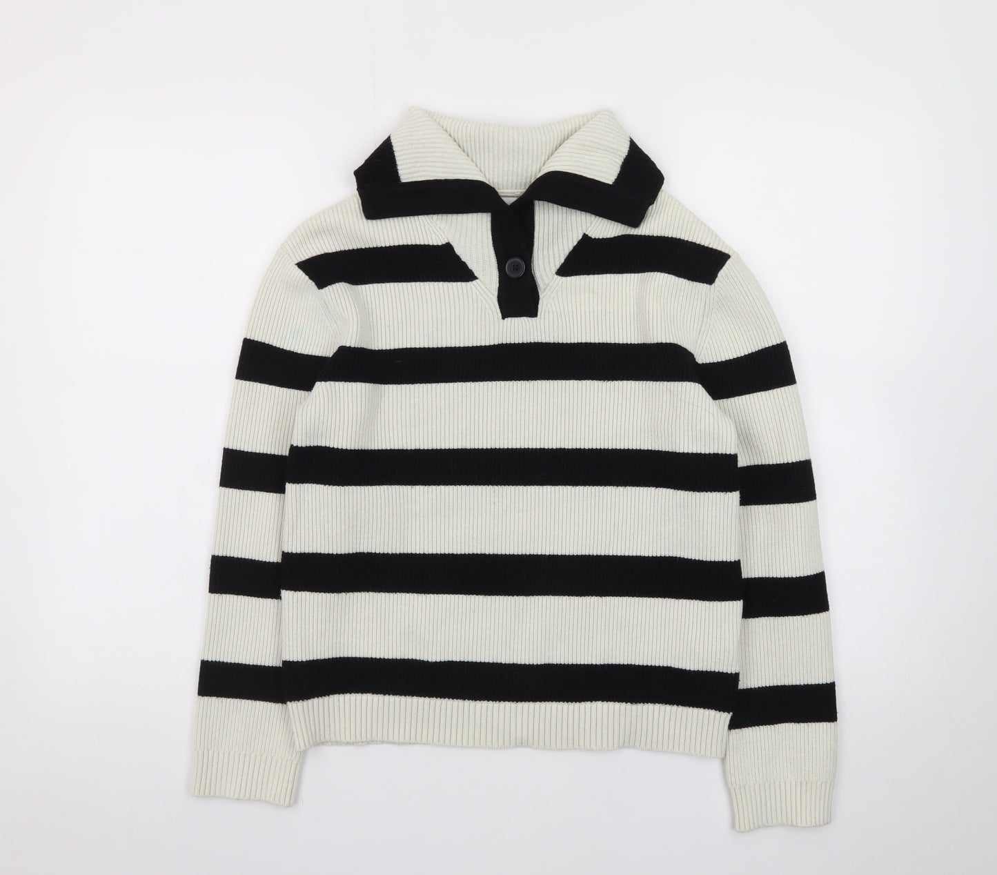 Zara Teens Black White Striped Collared Henley Knit Jumper XS