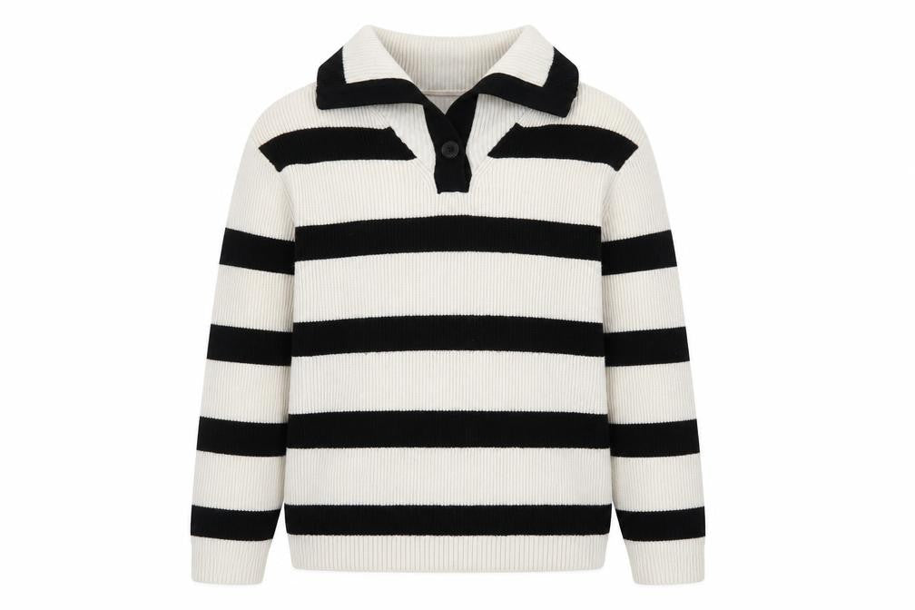 Front view of Zara Teens Black White Striped Collared Henley Knit Jumper XS