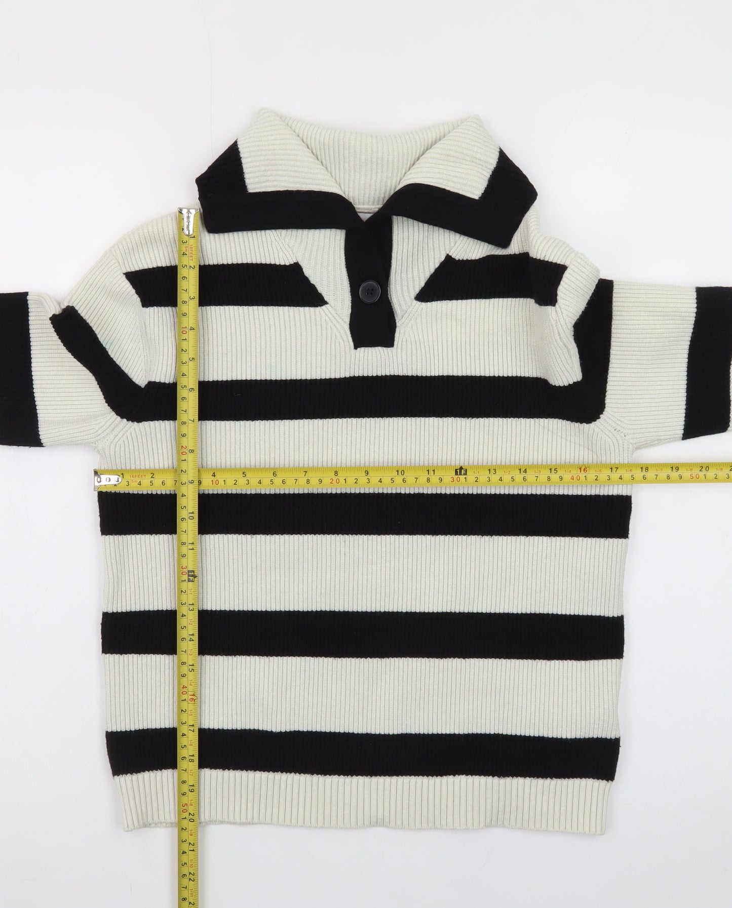 Zara Teens Black White Striped Collared Henley Knit Jumper XS
