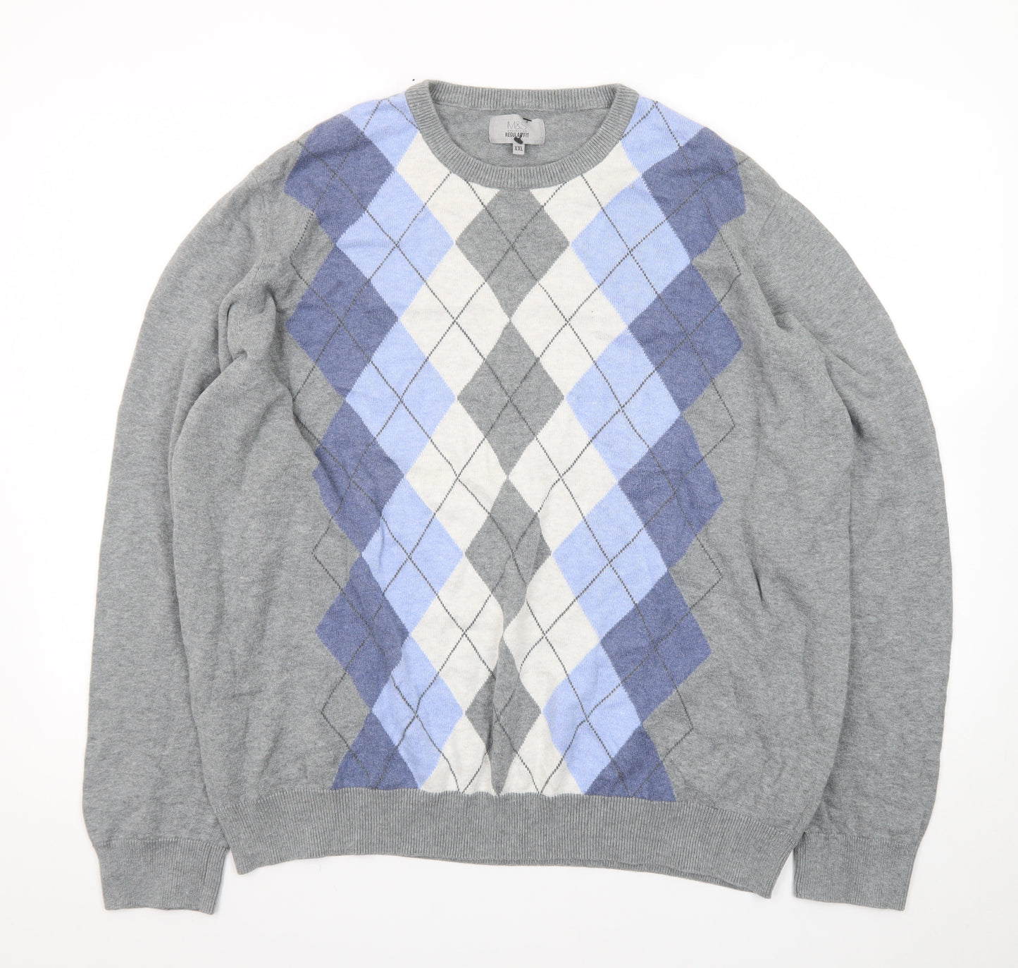 Marks and Spencer Men’s Grey Argyle Cotton Pullover Jumper 2XL