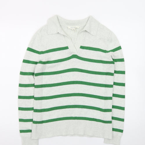 Seasalt Cornwall Women’s Green Striped Organic Cotton Collared Jumper Size 8