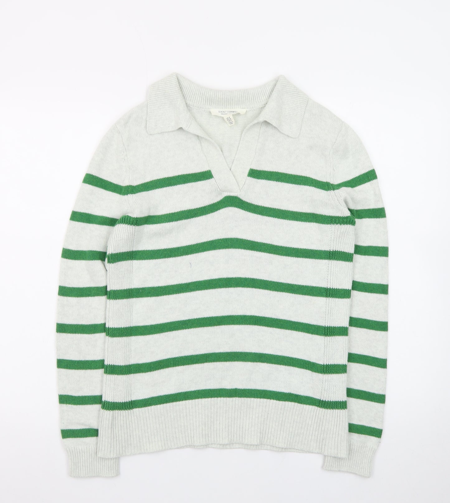 Seasalt Cornwall Women’s Green Striped Organic Cotton Collared Jumper Size 8