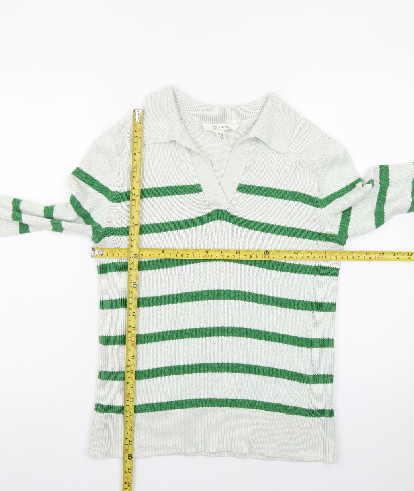 Seasalt Cornwall Women’s Green Striped Organic Cotton Collared Jumper Size 8