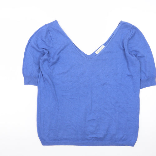 Next Womens Blue V-Neck Short Sleeve Pullover Jumper Size 14
