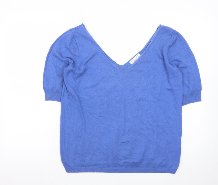 Next Womens Blue V-Neck Short Sleeve Pullover Jumper Size 14