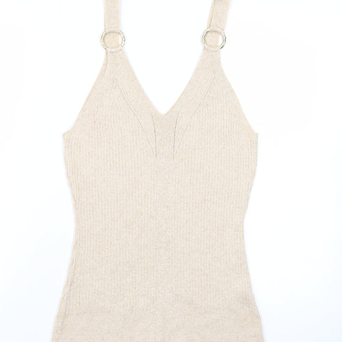 River Island Women’s Beige Knit Metallic V-Neck Camisole Tank Top Size 16