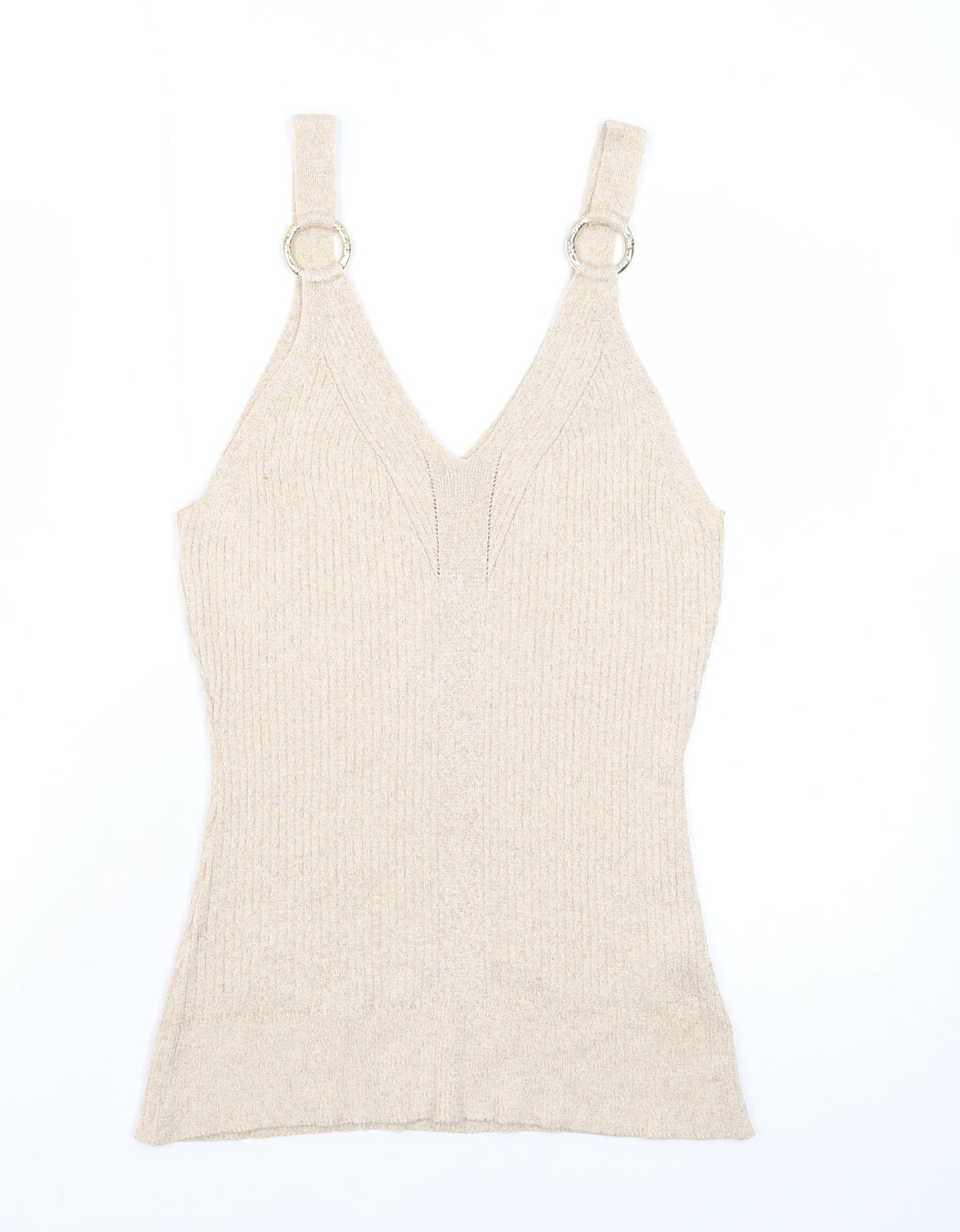 River Island Women’s Beige Knit Metallic V-Neck Camisole Tank Top Size 16