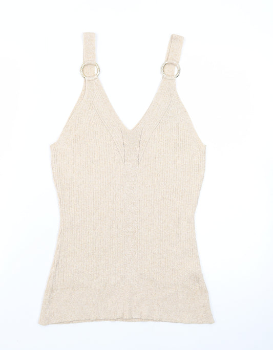 River Island Women’s Beige Knit Metallic V-Neck Camisole Tank Top Size 16