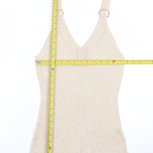 River Island Women’s Beige Knit Metallic V-Neck Camisole Tank Top Size 16
