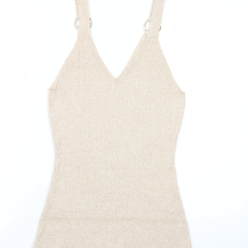 River Island Women’s Beige Knit Metallic V-Neck Camisole Tank Top Size 16