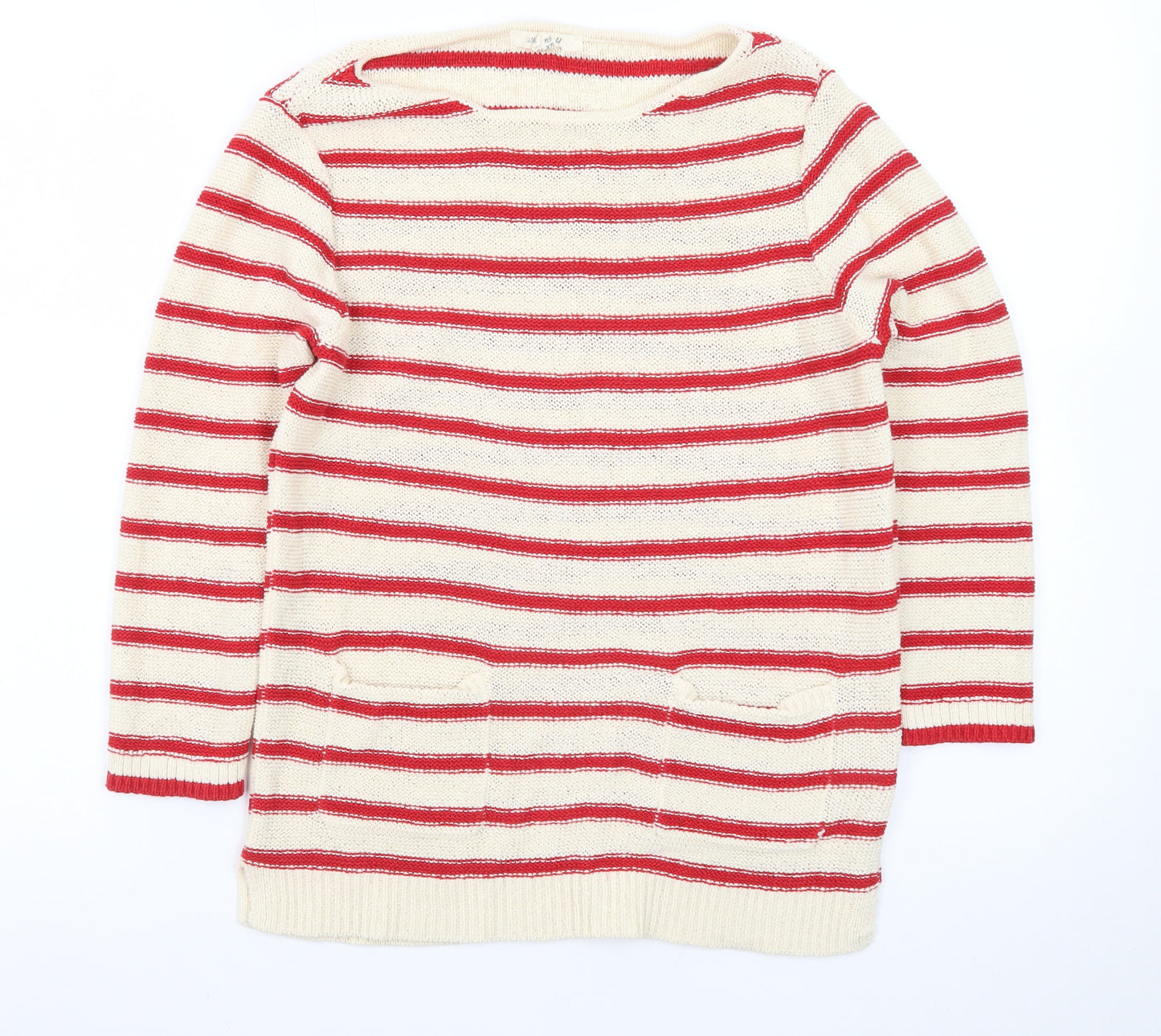 White Stuff Women's Beige Red Striped Linen Blend Jumper UK 10