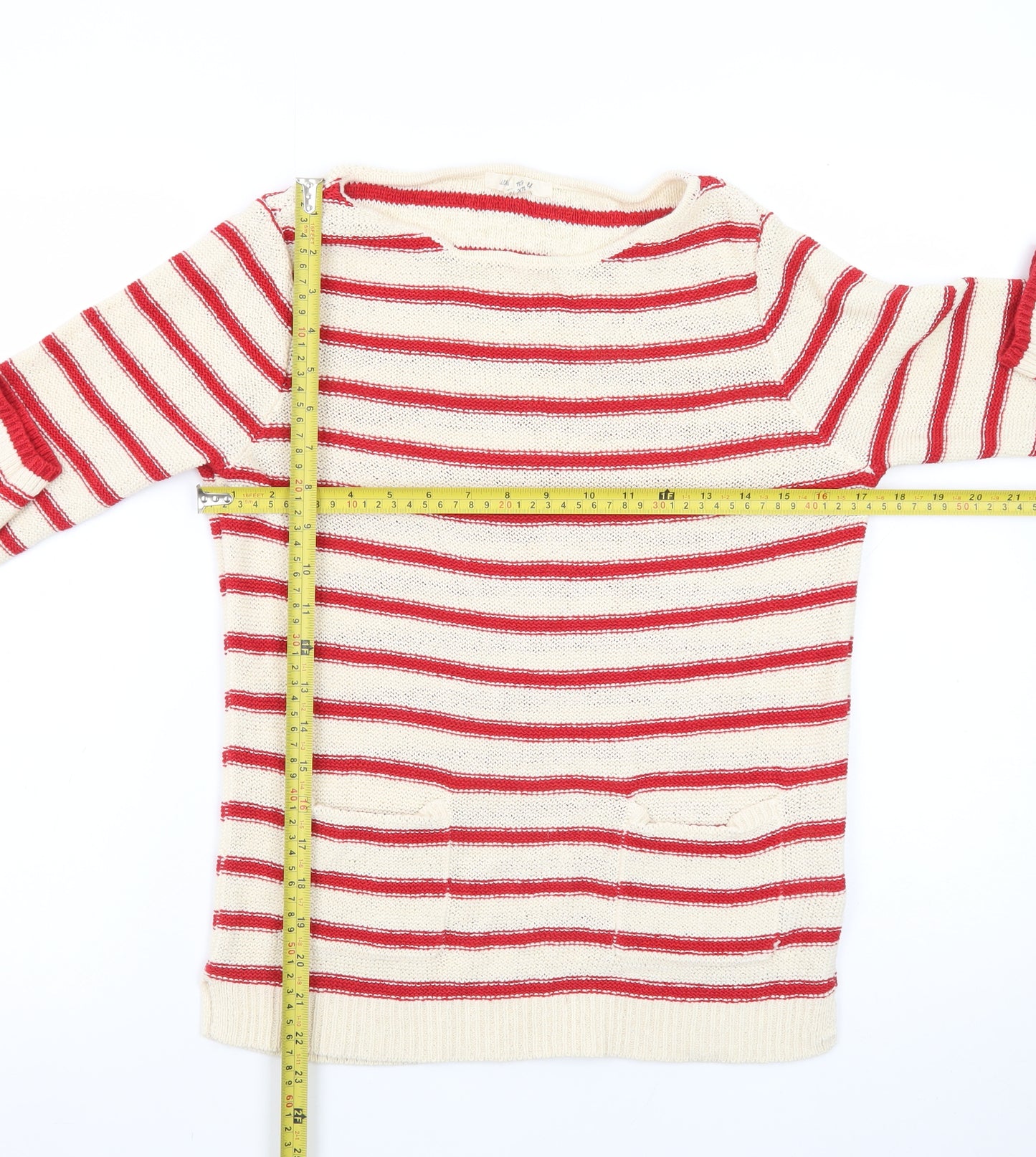 White Stuff Women's Beige Red Striped Linen Blend Jumper UK 10