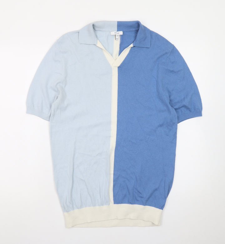 Reiss Men's Blue Colourblock Short Sleeve Knit Polo M