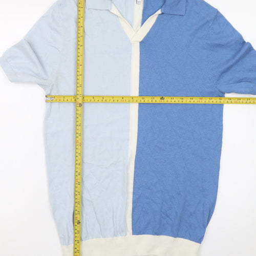 Reiss Men's Blue Colourblock Short Sleeve Knit Polo M