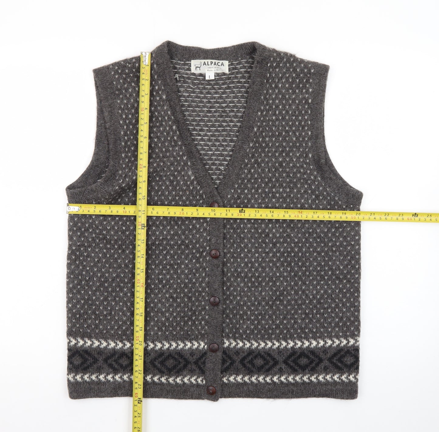 Alpaca Men's Grey Geometric Knit Sleeveless Vest L