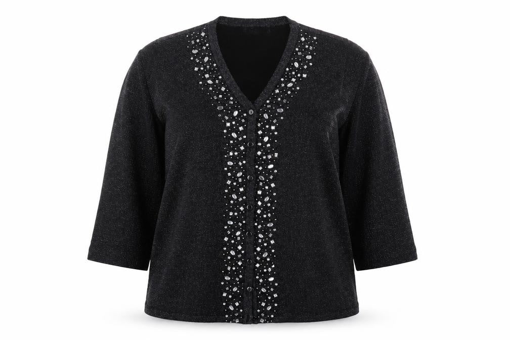 Front view of Bonmarché Women's Black Beaded V-Neck Cardigan, size M