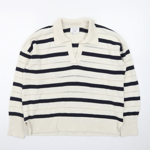 Hobbs Women’s Ivory Navy Striped Collared Knit Jumper Size M