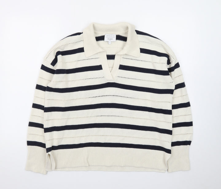 Hobbs Women’s Ivory Navy Striped Collared Knit Jumper Size M