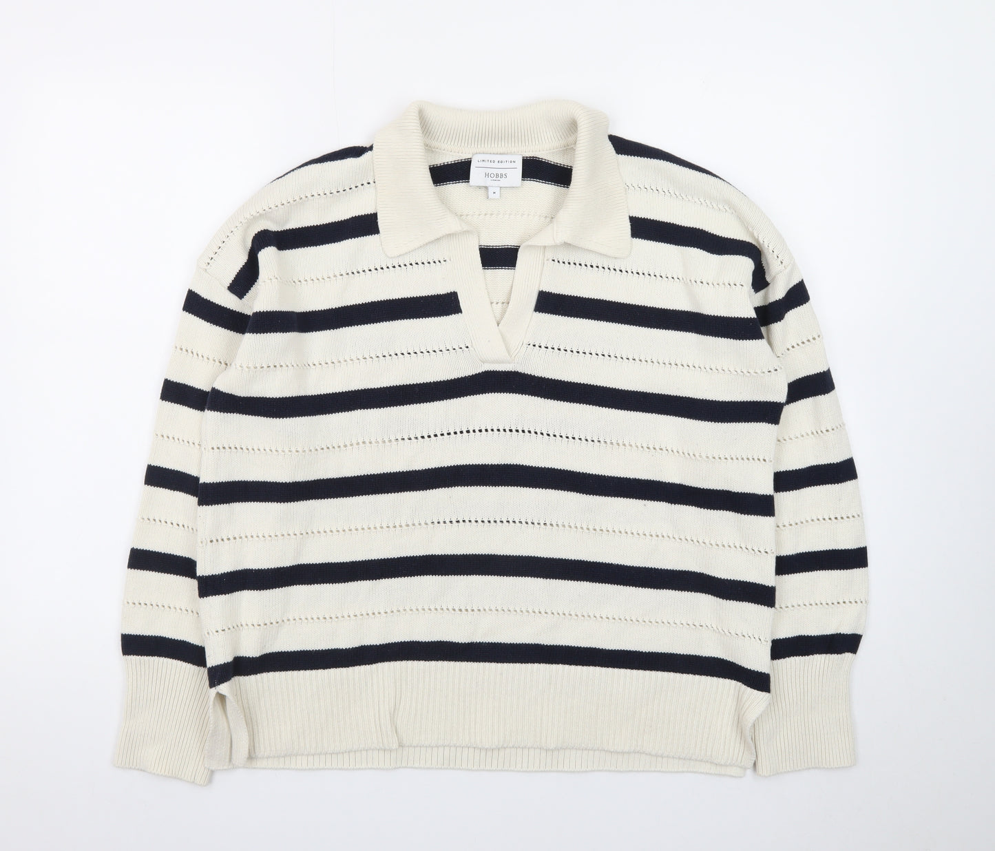 Hobbs Women’s Ivory Navy Striped Collared Knit Jumper Size M