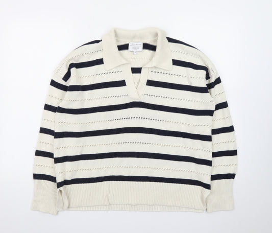 Hobbs Women’s Ivory Navy Striped Collared Knit Jumper Size M